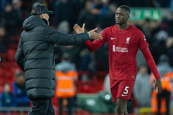 LIVERPOOL, ENGLAND - Wednesday, March 1, 2023: Liverpool's Ibrahima Konaté (R) shakes hands with manager Jürgen Klopp after the FA Premier League match between Liverpool FC and Wolverhampton Wanderers FC at Anfield. (Pic by David Rawcliffe/Propaganda)