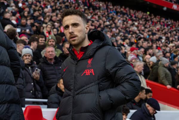 LIVERPOOL, ENGLAND - Sunday, March 5, 2023: Liverpool's substitute Diogo Jota before the FA Premier League match between Liverpool FC and Manchester United FC at Anfield. Liverpool won 7-0. (Pic by David Rawcliffe/Propaganda)