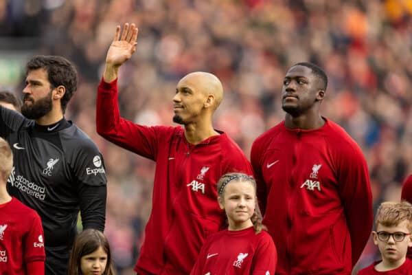 LIVERPOOL, ENGLAND - Sunday, March 5, 2023: Liverpool's Fabio Henrique Tavares 'Fabinho' (L) and Ibrahima Konaté line-up before the FA Premier League match between Liverpool FC and Manchester United FC at Anfield. Liverpool won 7-0. (Pic by David Rawcliffe/Propaganda)