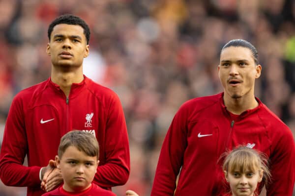 LIVERPOOL, ENGLAND - Sunday, March 5, 2023: Liverpool's Cody Gakpo (L) and Darwin Núñez line-up before the FA Premier League match between Liverpool FC and Manchester United FC at Anfield. Liverpool won 7-0. (Pic by David Rawcliffe/Propaganda)