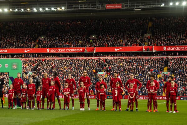 LIVERPOOL, ENGLAND - Sunday, March 5, 2023: Liverpool players line-up before the FA Premier League match between Liverpool FC and Manchester United FC at Anfield. (L-R) captain Jordan Henderson, goalkeeper Alisson Becker, Fabio Henrique Tavares 'Fabinho', Ibrahima Konaté, Andy Robertson, Virgil van Dijk, Harvey Elliott, Cody Gakpo, Darwin Núñez, Trent Alexander-Arnold, Mohamed Salah. (Pic by David Rawcliffe/Propaganda)