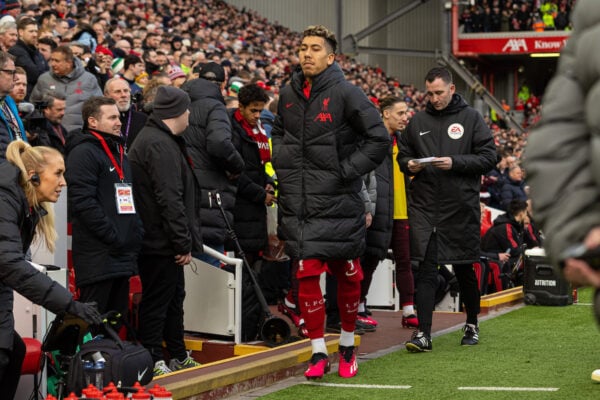 LIVERPOOL, ENGLAND - Sunday, March 5, 2023: Liverpool's substitute Roberto Firmino before the FA Premier League match between Liverpool FC and Manchester United FC at Anfield. Liverpool won 7-0. (Pic by David Rawcliffe/Propaganda)