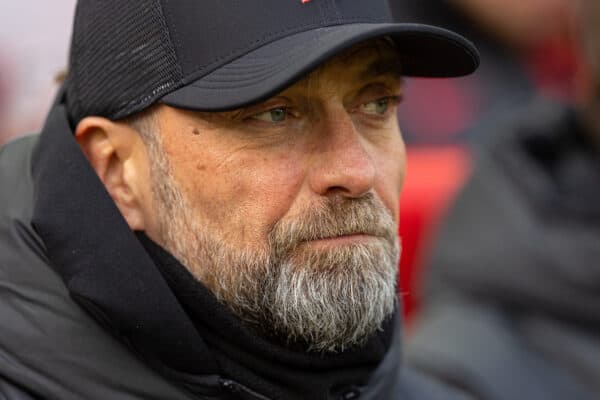 LIVERPOOL, ENGLAND - Sunday, March 5, 2023: Liverpool's manager Jürgen Klopp on the bench before the FA Premier League match between Liverpool FC and Manchester United FC at Anfield. Liverpool won 7-0. (Pic by David Rawcliffe/Propaganda)