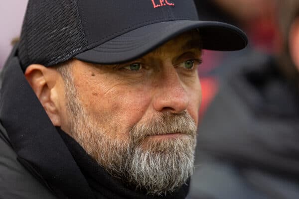 LIVERPOOL, ENGLAND - Sunday, March 5, 2023: Liverpool's manager Jürgen Klopp on the bench before the FA Premier League match between Liverpool FC and Manchester United FC at Anfield. Liverpool won 7-0. (Pic by David Rawcliffe/Propaganda)