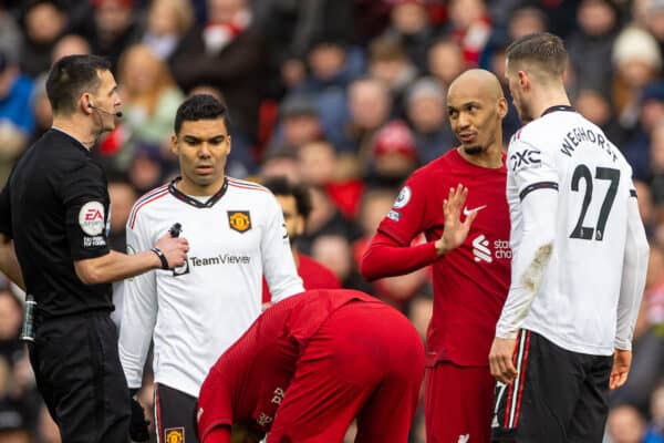 LIVERPOOL, ENGLAND - Sunday, March 5, 2023: Liverpool's Fabio Henrique Tavares 'Fabinho' (L) and Manchester United's Wout Weghorst during the FA Premier League match between Liverpool FC and Manchester United FC at Anfield. Liverpool won 7-0. (Pic by David Rawcliffe/Propaganda)