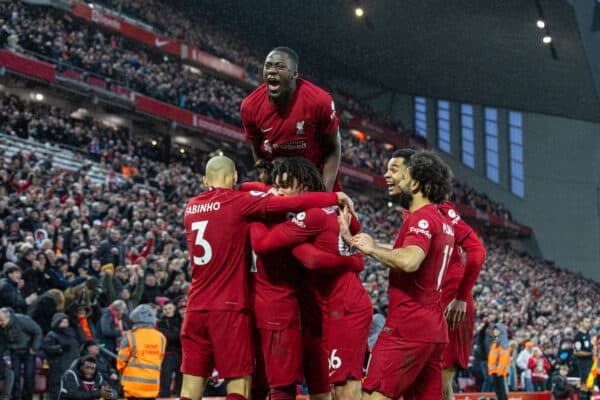 LIVERPOOL, ENGLAND - Sunday, March 5, 2023: Liverpool's Darwin Núñez (hidden) celebrates with team-mates after scoring the second goal during the FA Premier League match between Liverpool FC and Manchester United FC at Anfield. Liverpool won 7-0. (Pic by David Rawcliffe/Propaganda)