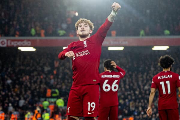 LIVERPOOL, ENGLAND - Sunday, March 5, 2023: Liverpool's Harvey Elliott celebrates after setting-up the second goal during the FA Premier League match between Liverpool FC and Manchester United FC at Anfield. Liverpool won 7-0. (Pic by David Rawcliffe/Propaganda)