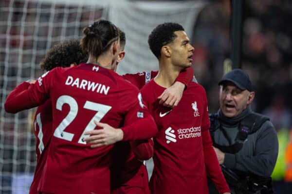 LIVERPOOL, ENGLAND - Sunday, March 5, 2023: Liverpool's Cody Gakpo (R) celebrates after scoring the third goal during the FA Premier League match between Liverpool FC and Manchester United FC at Anfield. Liverpool won 7-0. (Pic by David Rawcliffe/Propaganda)