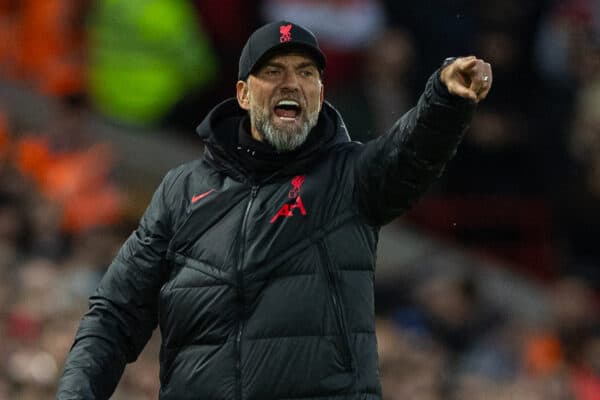 LIVERPOOL, ENGLAND - Sunday, March 5, 2023: Liverpool's manager Jürgen Klopp reacts during the FA Premier League match between Liverpool FC and Manchester United FC at Anfield. Liverpool won 7-0. (Pic by David Rawcliffe/Propaganda)