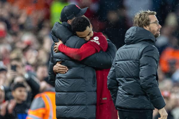 LIVERPOOL, ENGLAND - Sunday, March 5, 2023: Liverpool's Cody Gakpo embraces manager Jürgen Klopp as he is substituted during the FA Premier League match between Liverpool FC and Manchester United FC at Anfield. Liverpool won 7-0. (Pic by David Rawcliffe/Propaganda)