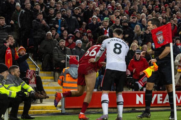 LIVERPOOL, ENGLAND - Sunday, March 5, 2023: Liverpool's Trent Alexander-Arnold is pushed by Manchester United's Bruno Fernandes during the FA Premier League match between Liverpool FC and Manchester United FC at Anfield. Liverpool won 7-0. (Pic by David Rawcliffe/Propaganda)