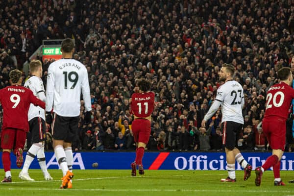 LIVERPOOL, ENGLAND - Sunday, March 5, 2023: Liverpool's Mohamed Salah celebrates after scoring the sixth goal during the FA Premier League match between Liverpool FC and Manchester United FC at Anfield. Liverpool won 7-0. (Pic by David Rawcliffe/Propaganda)