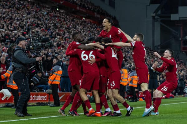 LIVERPOOL, ENGLAND - Sunday, March 5, 2023: Liverpool's Roberto Firmino (hidden) celebrates with team-mates after scoring the seventh goal during the FA Premier League match between Liverpool FC and Manchester United FC at Anfield. Liverpool won 7-0. (Pic by David Rawcliffe/Propaganda)