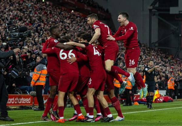 LIVERPOOL, ENGLAND - Sunday, March 5, 2023: Liverpool's Roberto Firmino (hidden) celebrates with team-mates after scoring the seventh goal during the FA Premier League match between Liverpool FC and Manchester United FC at Anfield. Liverpool won 7-0. (Pic by David Rawcliffe/Propaganda)