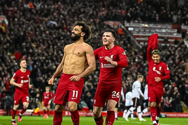 LIVERPOOL, ENGLAND - Sunday, March 5, 2023: A shirtless Liverpool's Mohamed Salah celebrates after scoring the sixth goal during the FA Premier League match between Liverpool FC and Manchester United FC at Anfield. Liverpool won 7-0. (Pic by David Rawcliffe/Propaganda)