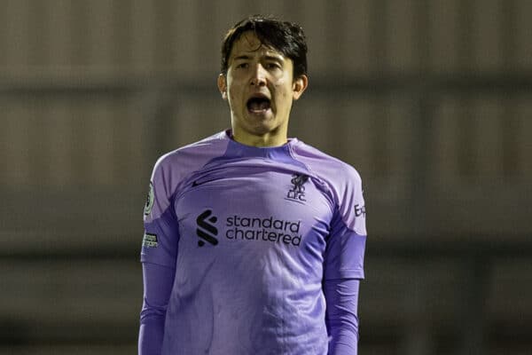 LONDON, ENGLAND - Monday, March 6, 2023: Liverpool's goalkeeper Marcelo Pitaluga during the Premier League 2 Division 1 match between Arsenal FC Under-21's and Liverpool FC Under-21's at Meadow Park. Liverpool won 1-0. (Pic by David Rawcliffe/Propaganda)