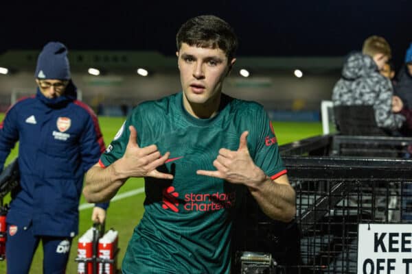 LONDON, ENGLAND - Monday, March 6, 2023: Liverpool's match-winning goal-scorer Layton Stewart celebrates after the Premier League 2 Division 1 match between Arsenal FC Under-21's and Liverpool FC Under-21's at Meadow Park. Liverpool won 1-0 with 10 men. (Pic by David Rawcliffe/Propaganda)