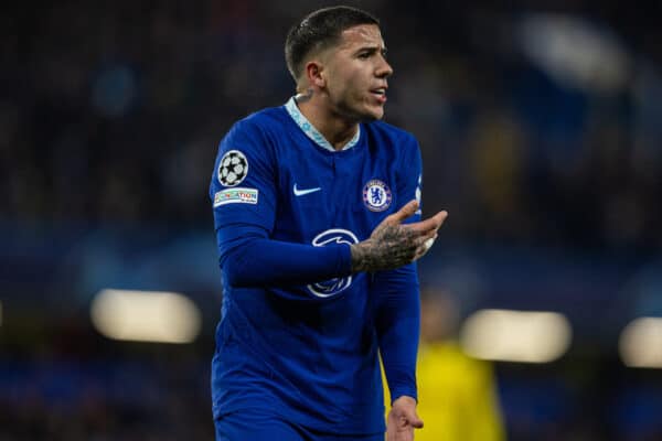 LONDON, ENGLAND - Tuesday, March 7, 2023: Chelsea's Enzo Fernández during the UEFA Champions League Round of 16 2nd Leg game between Chelsea FC and Borussia Dortmund at Stamford Bridge. Chelsea won 2-0, 2-1 on aggregate. (Pic by David Rawcliffe/Propaganda)