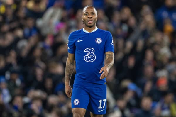 LONDON, ENGLAND - Tuesday, March 7, 2023: Chelsea's Raheem Sterling celebrates after scoring the opening goal during the UEFA Champions League Round of 16 2nd Leg game between Chelsea FC and Borussia Dortmund at Stamford Bridge. Chelsea won 2-0, 2-1 on aggregate. (Pic by David Rawcliffe/Propaganda)