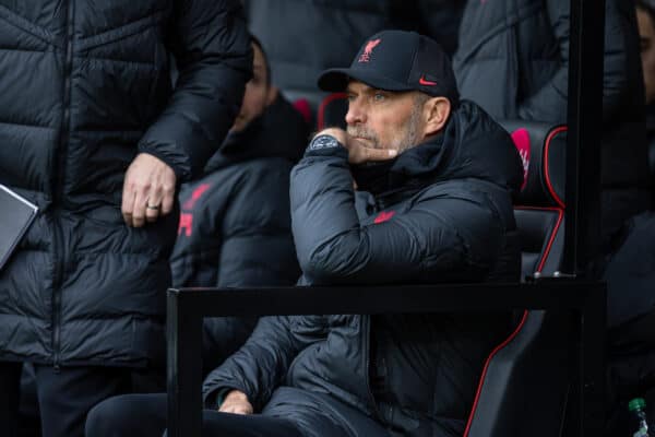 BOURNEMOUTH, ENGLAND - Saturday, March 11, 2023: Liverpool's manager Jürgen Klopp on the bench during the FA Premier League match between AFC Bournemouth and Liverpool FC at the Vitality Stadium. Bournemouth won 1-0. (Pic by David Rawcliffe/Propaganda)