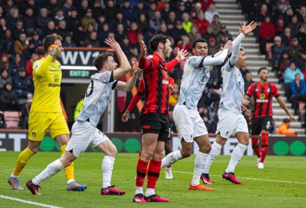 BOURNEMOUTH, ENGLAND - Saturday, March 11, 2023: Liverpool's Diogo Jota appeals for a penalty after a hand-ball during the FA Premier League match between AFC Bournemouth and Liverpool FC at the Vitality Stadium. Bournemouth won 1-0. (Pic by David Rawcliffe/Propaganda)