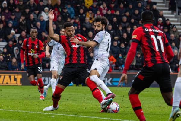 BOURNEMOUTH, ENGLAND - Saturday, March 11, 2023: Liverpool's Mohamed Salah (R) is challenged by Bournemouth's Lloyd Kelly during the FA Premier League match between AFC Bournemouth and Liverpool FC at the Vitality Stadium. Bournemouth won 1-0. (Pic by David Rawcliffe/Propaganda)