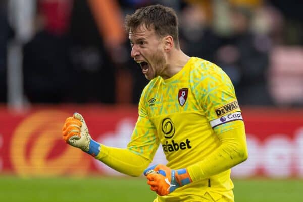 BOURNEMOUTH, ENGLAND - Saturday, March 11, 2023: Bournemouth's goalkeeper Norberto Murara Neto celebrates at the final whistle after the FA Premier League match between AFC Bournemouth and Liverpool FC at the Vitality Stadium. Bournemouth won 1-0. (Pic by David Rawcliffe/Propaganda)