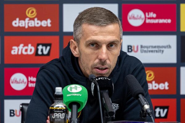  Bournemouth's manager Gary O'Neil during a post-match press conference after the FA Premier League match between AFC Bournemouth and Liverpool FC at the Vitality Stadium. Bournemouth won 1-0. (Pic by David Rawcliffe/Propaganda)