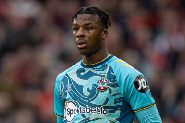 MANCHESTER, ENGLAND - Sunday, March 12, 2023: Southampton's Armel Bella-Kotchap during the FA Premier League match between Manchester United and Southampton FC at Old Trafford. The game ended in a goal-less draw. (Pic by David Rawcliffe/Propaganda)