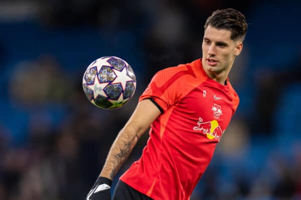 MANCHESTER, ENGLAND - Tuesday, March 14, 2023: RB Leipzig's Dominik Szoboszlai during the pre-match warm-up before the UEFA Champions League Round of 16 2nd Leg match between Manchester City FC and RB Leipzig at the City of Manchester Stadium. Man City won 7-0, 8-1 on aggregate. (Pic by Jessica Hornby/Propaganda)