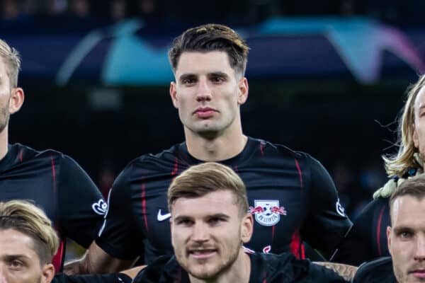 MANCHESTER, ENGLAND - Tuesday, March 14, 2023: RB Leipzig players line-up for a team group photograph before the UEFA Champions League Round of 16 2nd Leg match between Manchester City FC and RB Leipzig at the City of Manchester Stadium. Man City won 7-0, 8-1 on aggregate. L-R Back row L-R: Willi Orbán, Josko Gvardiol, Konrad Laimer, Dominik Szoboszlai, Emil Forsberg, goalkeeper Janis Blaswich. Front row L-R: Benjamin Henrichs, Amadou Haidara, Kevin Kampl, Timo Werner, David Raum. (Pic by Jessica Hornby/Propaganda)