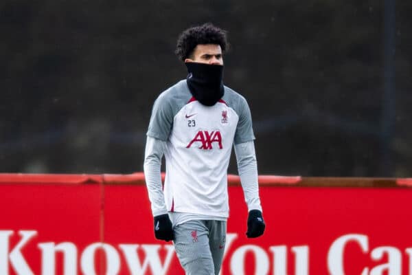 LIVERPOOL, ENGLAND - Tuesday, March 14, 2023: Liverpool's Luis Diaz trains on his own during training session at the AXA Training Centre ahead of the UEFA Champions League Round of 16 2nd Leg game between Liverpool FC and Real Madrid CF. (Pic by Jessica Hornby/Propaganda)