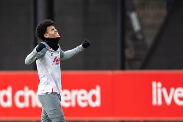 LIVERPOOL, ENGLAND - Tuesday, March 14, 2023: Liverpool's Luis Diaz trains on his own during training session at the AXA Training Centre ahead of the UEFA Champions League Round of 16 2nd Leg game between Liverpool FC and Real Madrid CF. (Pic by Jessica Hornby/Propaganda)