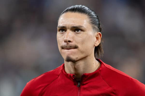 MADRID, SPAIN - Wednesday, March 15, 2023: Liverpool's Darwin Núñez lines-up before the UEFA Champions League Round of 16 2nd Leg game between Real Madrid CF and Liverpool FC at the Estadio Santiago Bernabéu. Madrid won 1-0 (6-2 on aggregate). (Pic by David Rawcliffe/Propaganda)