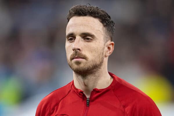 MADRID, SPAIN - Wednesday, March 15, 2023: Liverpool's Diogo Jota lines-up before the UEFA Champions League Round of 16 2nd Leg game between Real Madrid CF and Liverpool FC at the Estadio Santiago Bernabéu. Madrid won 1-0 (6-2 on aggregate). (Pic by David Rawcliffe/Propaganda)