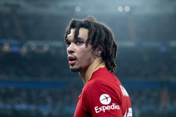 MADRID, SPAIN - Wednesday, March 15, 2023: Liverpool's Trent Alexander-Arnold during the UEFA Champions League Round of 16 2nd Leg game between Real Madrid CF and Liverpool FC at the Estadio Santiago Bernabéu. Madrid won 1-0 (6-2 on aggregate). (Pic by David Rawcliffe/Propaganda)