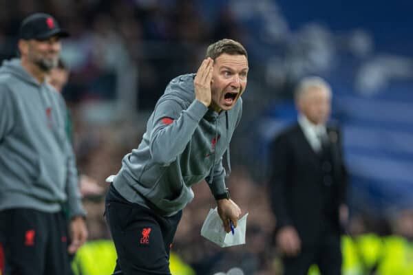 MADRID, SPAIN - Wednesday, March 15, 2023: Liverpool's first-team development coach Pepijn Lijnders during the UEFA Champions League Round of 16 2nd Leg game between Real Madrid CF and Liverpool FC at the Estadio Santiago Bernabéu. Madrid won 1-0 (6-2 on aggregate). (Pic by David Rawcliffe/Propaganda)
