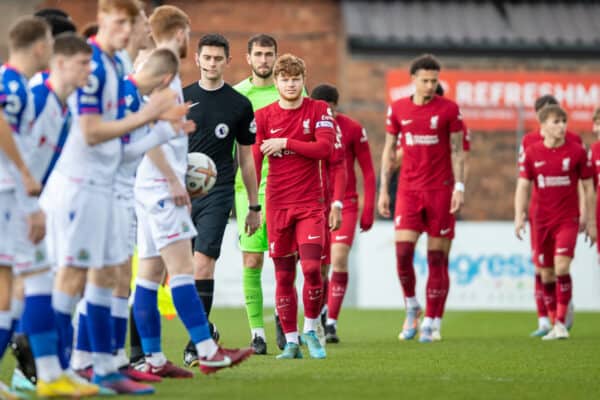 LEYLAND, ENGLAND - Saturday, March 18, 2023: Liverpool's captain Luca Stephenson leads his side out before the Premier League 2 Division 1 match between Blackburn Rovers FC Under-21's and Liverpool FC Under-21's at the Lancashire FA County Ground. Liverpool won 3-2. (Pic by Jessica Hornby/Propaganda)