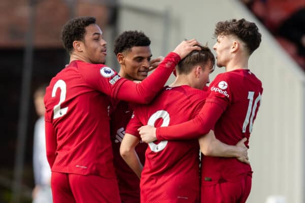 LEYLAND, ENGLAND - Saturday, March 18, 2023: Liverpool's James Norris (2nd R) celebrates scoring the second goal with team-mates during the Premier League 2 Division 1 match between Blackburn Rovers FC Under-21's and Liverpool FC Under-21's at the Lancashire FA County Ground. Liverpool won 3-2. (Pic by Jessica Hornby/Propaganda)