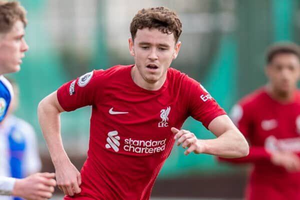 LEYLAND, ENGLAND - Saturday, March 18, 2023: Liverpool's Tom Hill closes down during the Premier League 2 Division 1 match between Blackburn Rovers FC Under-21's and Liverpool FC Under-21's at the Lancashire FA County Ground. Liverpool won 3-2. (Pic by Jessica Hornby/Propaganda)