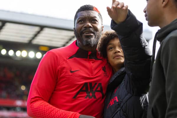 LIVERPOOL, ENGLAND - Saturday, March 25, 2023: Liverpool's Djibril Cissé with his son (Prince Kobe Cisse) during the pre-match warm-up before the LFC Foundation match between Liverpool FC Legends and Glasgow Celtic FC Legends at Anfield. (Pic by David Rawcliffe/Propaganda)