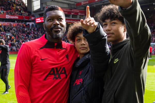 LIVERPOOL, ENGLAND - Saturday, March 25, 2023: Liverpool's Djibril Cissé with his sons (Prince Kobe Cisse) during the pre-match warm-up before the LFC Foundation match between Liverpool FC Legends and Glasgow Celtic FC Legends at Anfield. (Pic by David Rawcliffe/Propaganda)