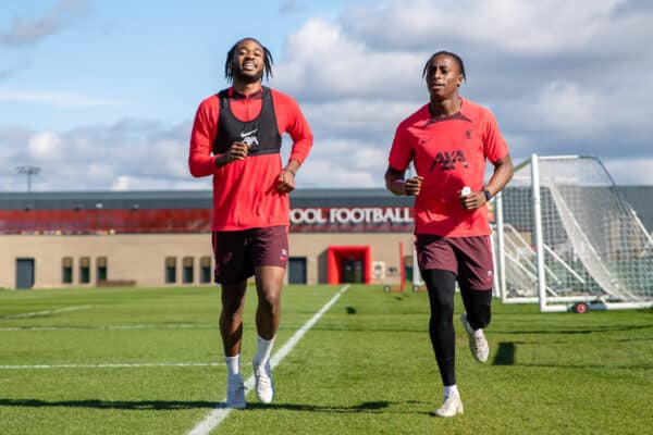 KIRKBY, ENGLAND - Saturday, April 1, 2023: Liverpool's James Balagizi (L) and Isaac Maybaya train before the Under-18 Premier League match between Liverpool FC Under-18's and Wolverhampton Wanderers FC Under-18's at the Liverpool Academy. (Pic by Jessica Hornby/Propaganda)