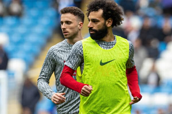 MANCHESTER, ENGLAND - Saturday, April 1, 2023: Liverpool's Mohamed Salah (R) and Diogo Jota (L) during the pre-match warm-up before the FA Premier League match between Manchester City FC and Liverpool FC at the City of Manchester Stadium. Man City won 4-1. (Pic by David Rawcliffe/Propaganda)