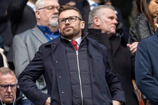 MANCHESTER, ENGLAND - Saturday 1 April 2023: Liverpool sporting director Julian Ward (left) and chief executive officer Billy Hogan (right) during the FA Premier League match between Manchester City FC and Liverpool FC at the City of Manchester Stadium.  Man City won 4-1.  (Image by David Rawcliffe/Propaganda)