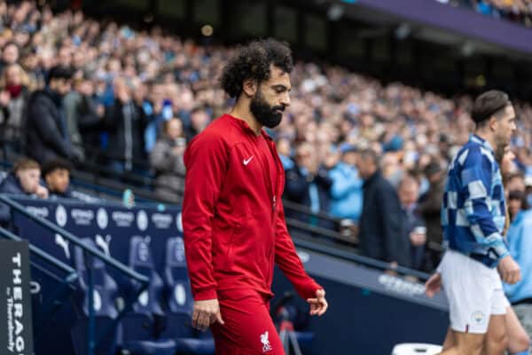 MANCHESTER, ENGLAND - Saturday, April 1, 2023: Liverpool's Mohamed Salah walks out before the FA Premier League match between Manchester City FC and Liverpool FC at the City of Manchester Stadium. Man City won 4-1. (Pic by David Rawcliffe/Propaganda)