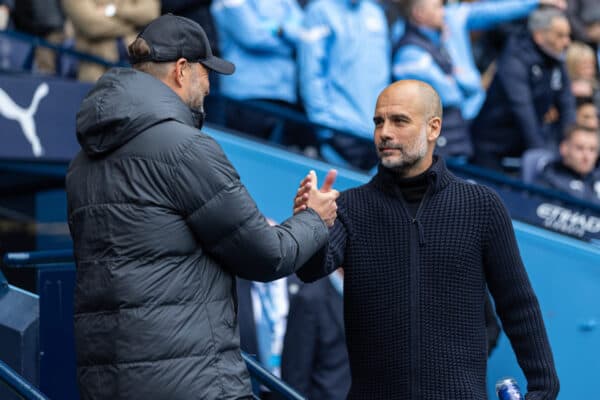 MANCHESTER, ENGLAND - Saturday, April 1, 2023: Manchester City's manager Josep 'Pep' Guardiola (R) greets Liverpool's manager Jürgen Klopp before the FA Premier League match between Manchester City FC and Liverpool FC at the City of Manchester Stadium. Man City won 4-1. (Pic by David Rawcliffe/Propaganda)