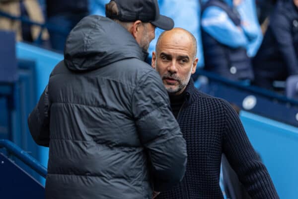 MANCHESTER, ENGLAND - Saturday, April 1, 2023: Manchester City's manager Josep 'Pep' Guardiola (R) greets Liverpool's manager Jürgen Klopp before the FA Premier League match between Manchester City FC and Liverpool FC at the City of Manchester Stadium. Man City won 4-1. (Pic by David Rawcliffe/Propaganda)