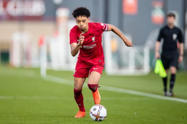 KIRKBY, ENGLAND - Saturday, April 1, 2023: Liverpool's captain Callum Scanlon drives forward with the ball during the Under-18 Premier League match between Liverpool FC Under-18's and Wolverhampton Wanderers FC Under-18's at the Liverpool Academy. (Pic by Jessica Hornby/Propaganda)