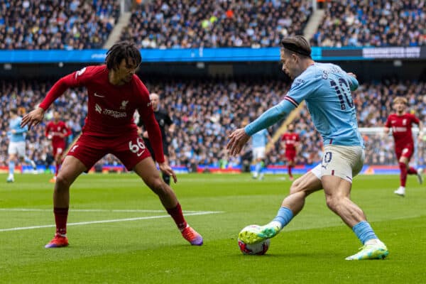 MANCHESTER, ENGLAND - Saturday, April 1, 2023: Manchester City's Jack Grealish (R) takes on Liverpool's Trent Alexander-Arnold during the FA Premier League match between Manchester City FC and Liverpool FC at the City of Manchester Stadium. Man City won 4-1. (Pic by David Rawcliffe/Propaganda)